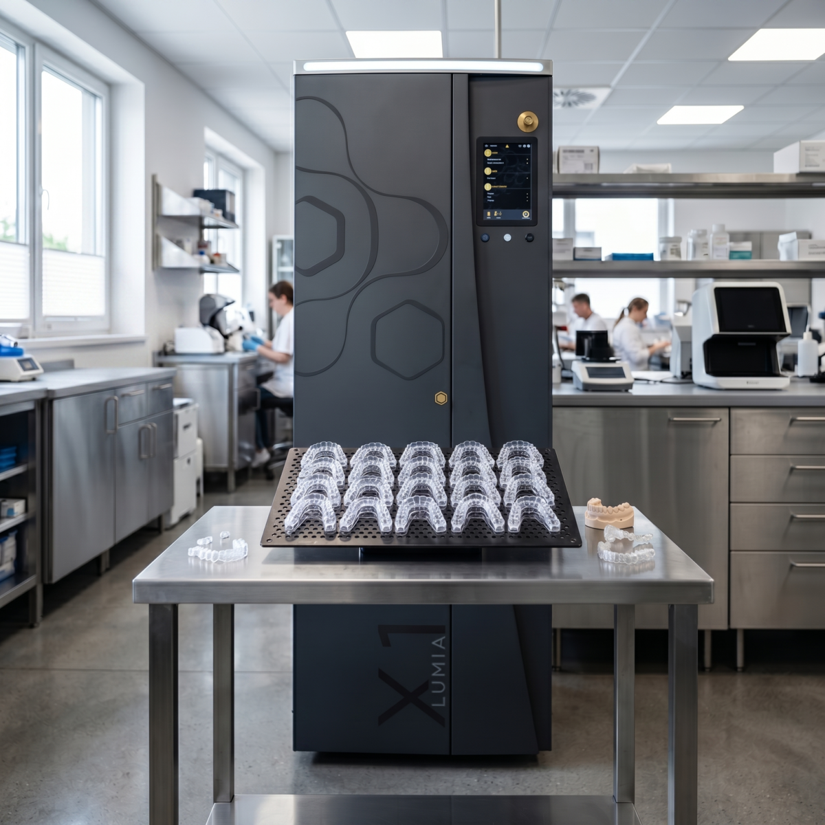 Axtra3D Lumia X1 3D printer with freshly printed clear dental aligners on the build plate; Note: Image generated by AI to illustrate modern dental laboratory concepts.