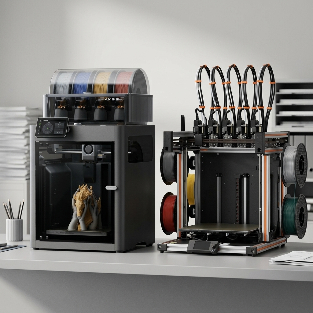 Two desktop 3D printers side by side — an enclosed multi-material system (left) and an open-frame multi-toolhead printer (right).